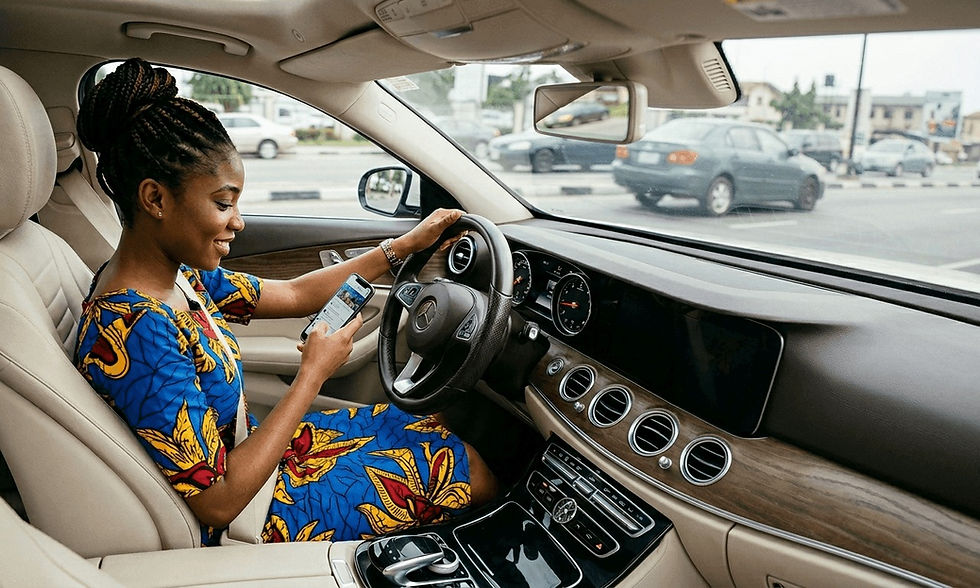 A photograph taken inside a modern Mercedes-Benz with a cream leather interior. A young African woman with her hair in a bun and wearing a colorful blue, yellow, and red print dress is in the driver's seat. She is smiling and looking down at a smartphone in her left hand, which she is scrolling. Her right hand rests on the steering wheel, and her seatbelt is fastened. Through the car windows, other vehicles are visible in daytime traffic on a busy road.