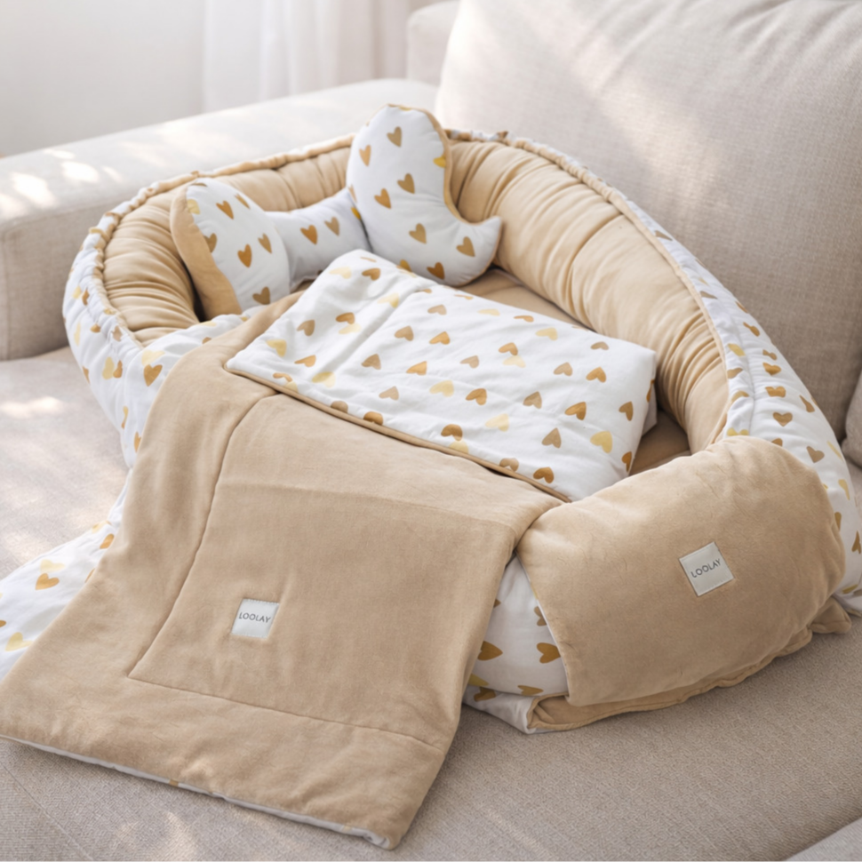 BABYNEST Samt VELOURS Beige/ Herz Braun Nestchen Babynestchen SOLO und SETS
