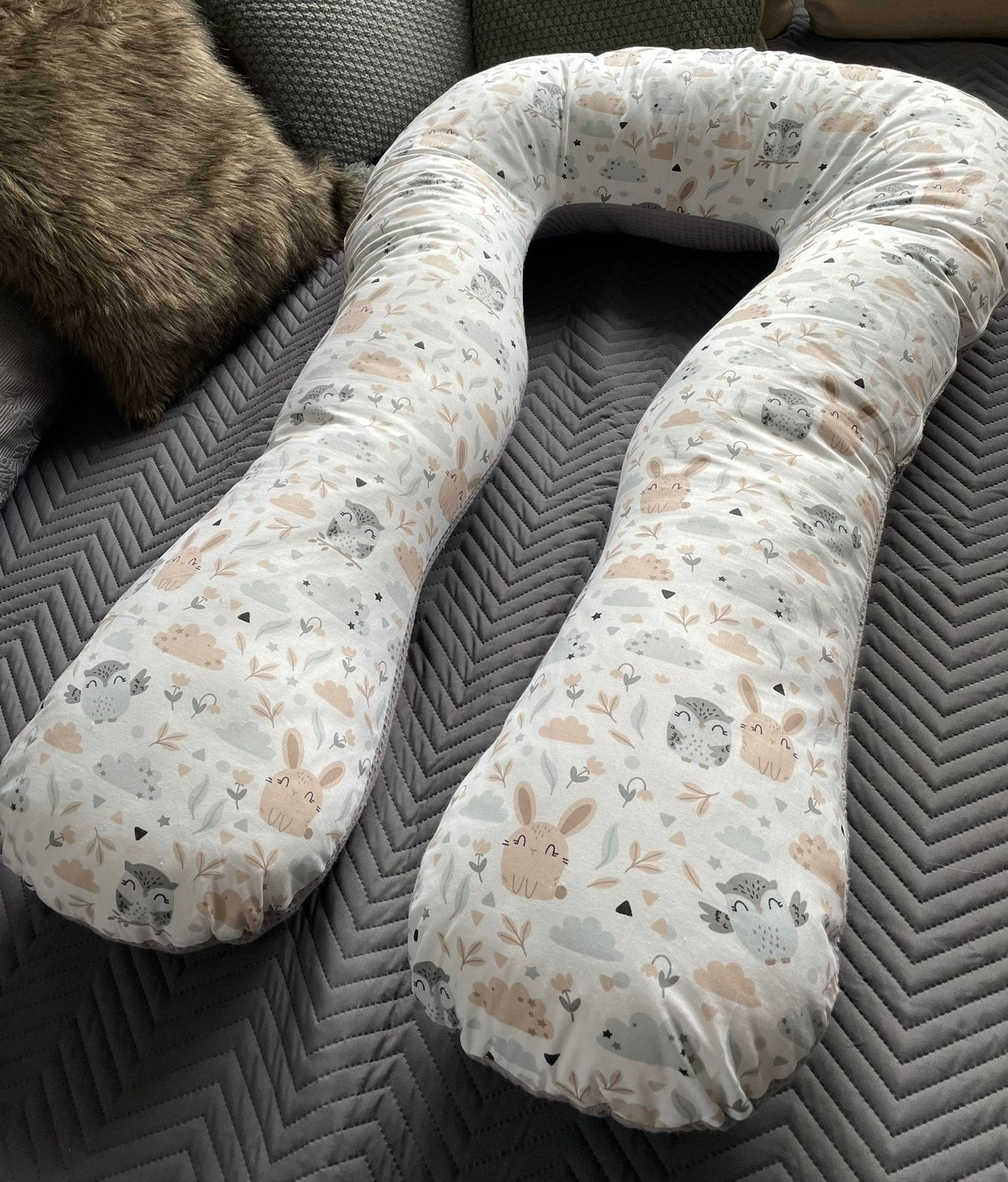 Premium Waffelpique Baumwolle XXL TYP A U 330 cm Stillkissen Schwangerschaftskissen Seitenschalfkissen Loolay GRAU HASE