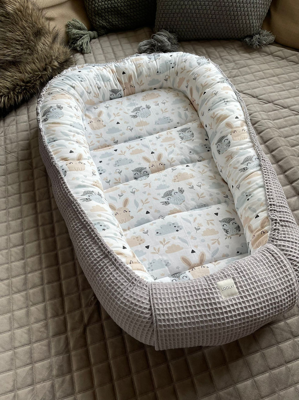Miniaturbild: BABYNEST Set Waffelpique GRAU Hase Beige Baumwolle Nestchen Neugeborene Ausstattung  Reisebett Babybett