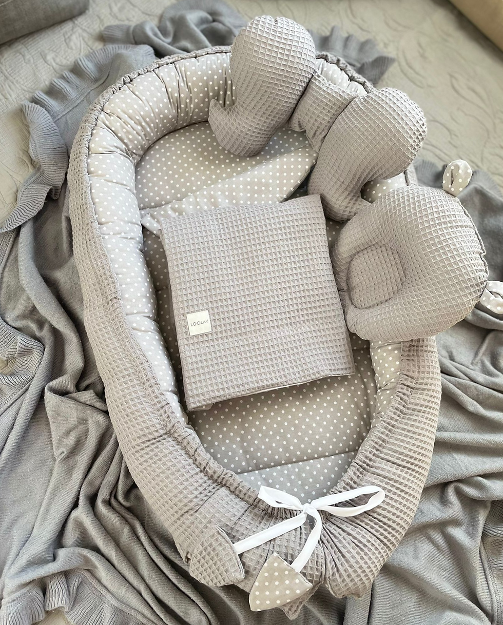 Miniaturbild: BABYNEST Set Waffelpique Grau PUNKTE Grau Baumwolle Nestchen Neugeborene Ausstattung  Reisebett Babybett