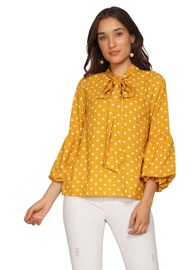 Essque White Dot Print With Tie-Neck Top