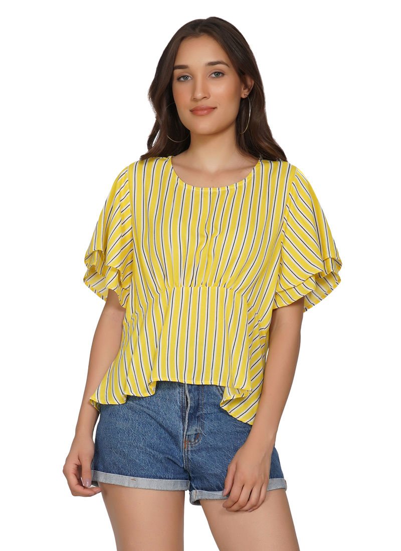 Essque Yellow Stripe Frill Sleeve Top