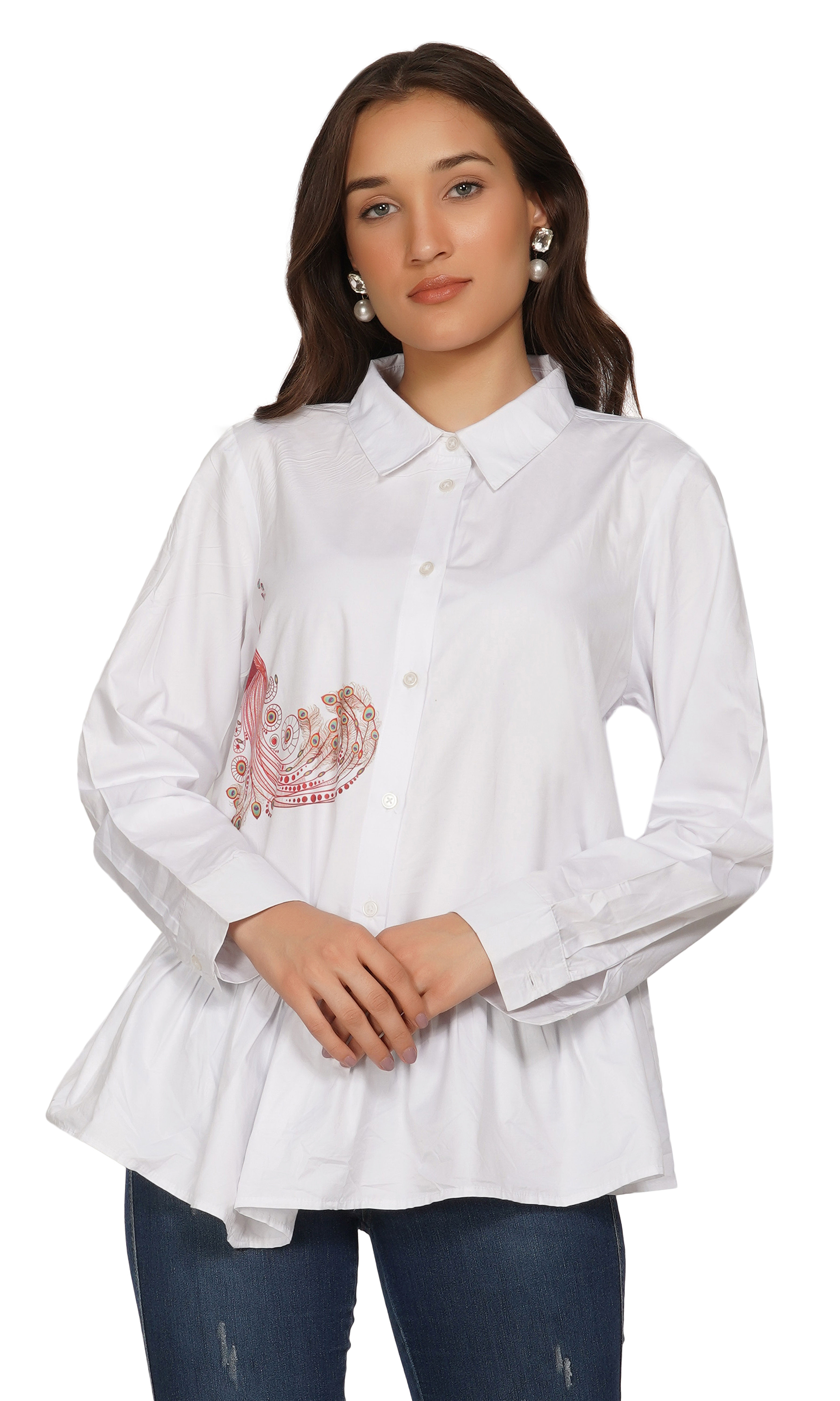 Essque Peacock Print White Top