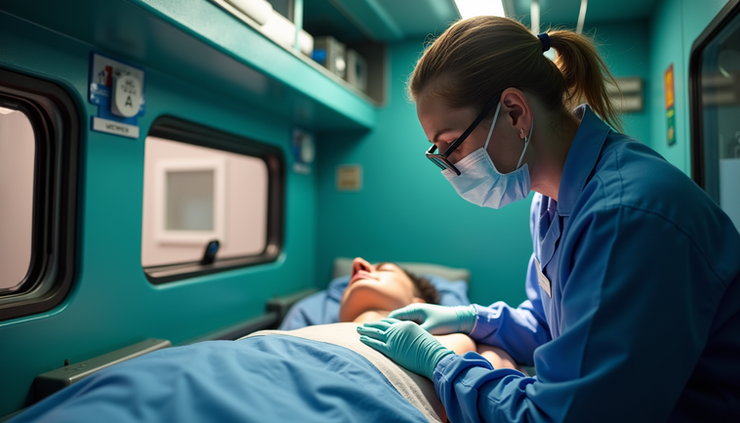 Eye-level view of a professional paramedic attending to a patient in an ambulance