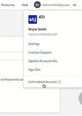 menu in employer center to locate action of linking an indeed account