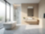 Modern bathroom with a freestanding bathtub, minimalistic vanity with a sink, glass shower space, and neutral colors illuminated by natural light.