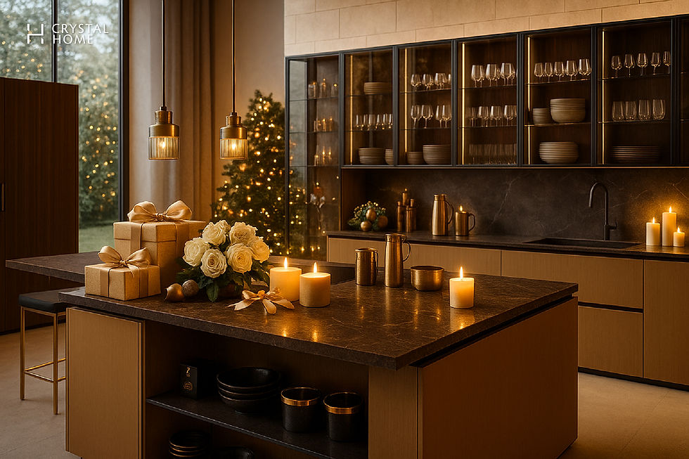 ครัวอิตาลี Composit โทนอุ่นประดับเทศกาลปีใหม่ มีเทียน ของขวัญสีทอง และต้นคริสต์มาส บนเคาน์เตอร์หินสุดพรีเมียมโดย Crystal Home