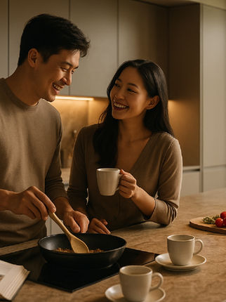 A couple cooking together in a warm, modern Composit kitchen, smiling and enjoying a relaxed moment. The kitchen features a minimalist design with soft lighting, a large island counter, and natural materials, presented by Crystal Home.