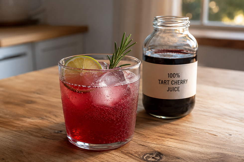 Tart cherry evening drink with lime, rosemary and sparkling water