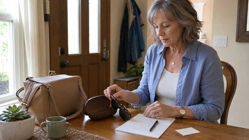 Midlife woman preparing sunglasses and questions for a comprehensive Diabetes eye exam