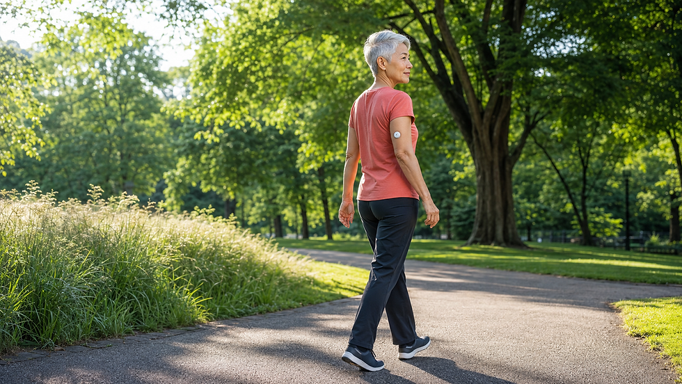 Elegant woman in her late 50s enjoying a peaceful walk through a lush park on a sunny morning, representing exercise for brain health and diabetes with a continuous glucose monitor subtly visible on the back of her upper arm.