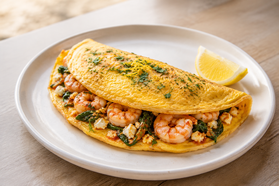 Harissa shrimp omelette filled with spinach and feta and finished with lemon