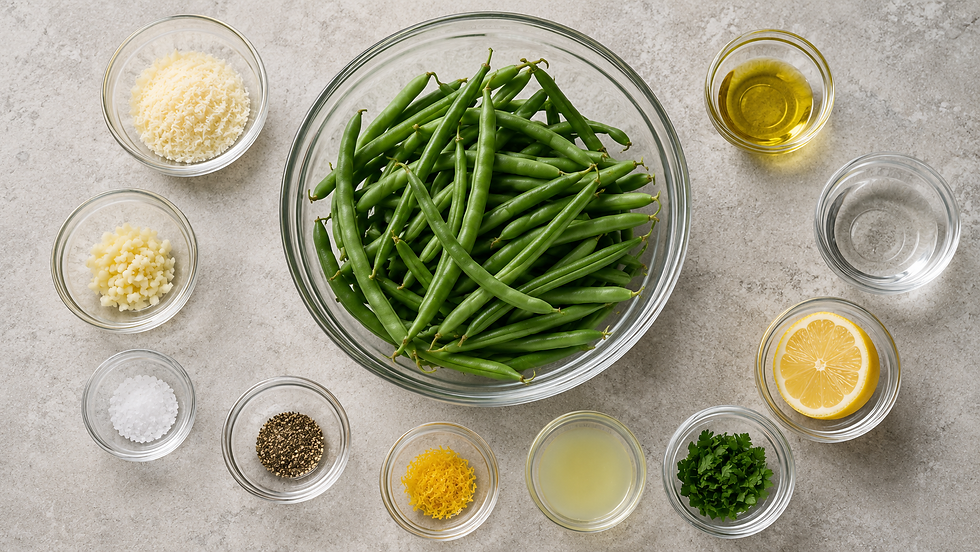 ingredients for fresh green beans, garlic, lemon, Parmesan and olive oil arranged for the recipe
