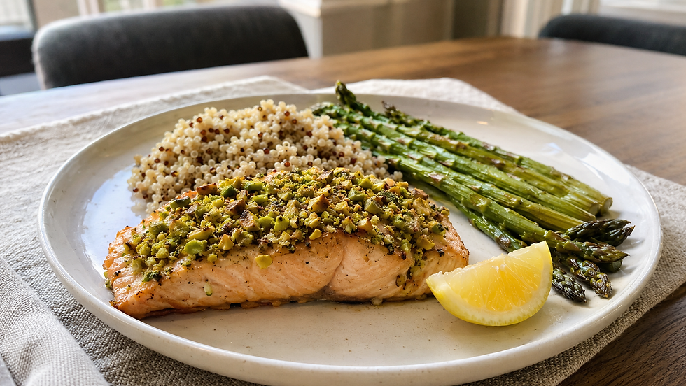 Pistachio-Dijon crusted salmon with lemon and fresh herbs served as an elegant Diabetes-friendly dinner