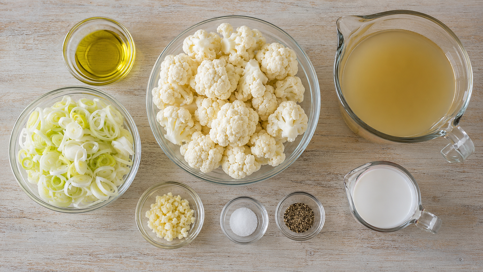 Ingredients for creamy cauliflower and leek soup garnished with fresh chives
