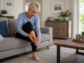 Middle-aged woman checking her foot as part of daily diabetes foot care to protect mobility and independence.