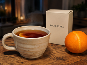 Orange-spiced rooibos tea with orange peel and an unbranded rooibos tea box