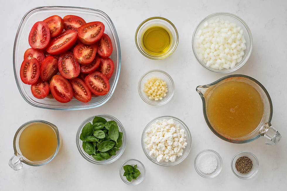 Ingredients for Roasted tomato and basil soup topped with goat cheese crumble and fresh basil