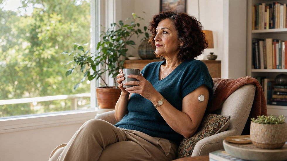 Elegant midlife woman enjoying a quiet morning with tea while practicing self-care for brain health and diabetes.