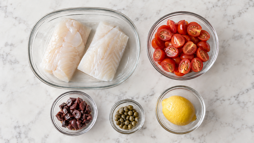 Overhead view of cod, cherry tomatoes, Kalamata olives, capers and lemon