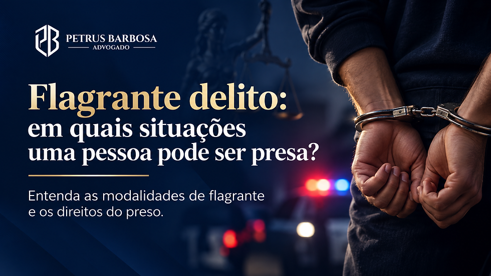 Homem algemado ao lado de viatura policial; cartaz azul de advogado com texto sobre flagrante delito e direitos do preso.