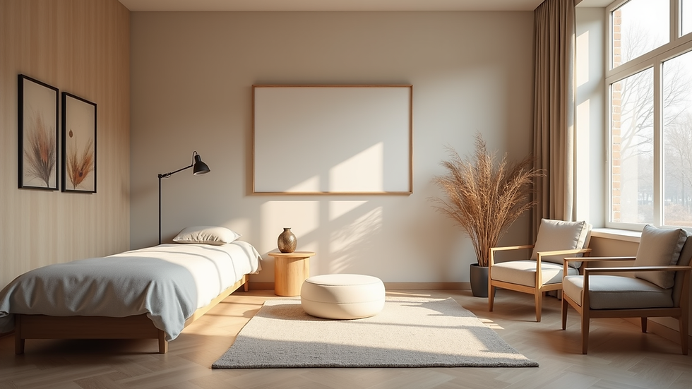 Eye-level view of a modern therapy room with comfortable seating