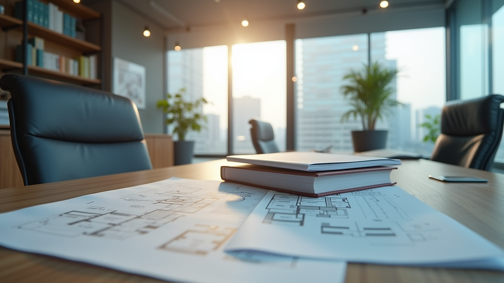 Wide angle view of a modern office with legal books and property plans
