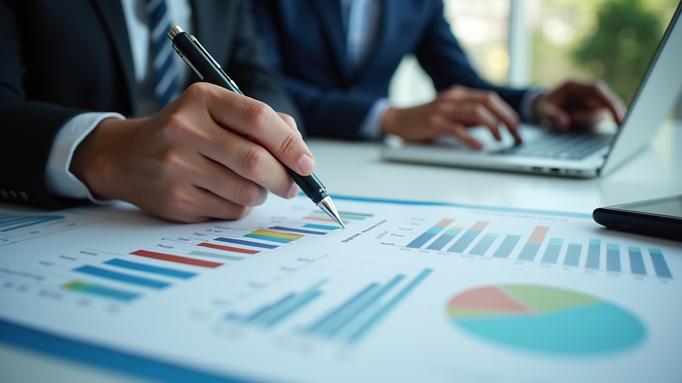 Close-up view of a professional reviewing financial reports and charts
