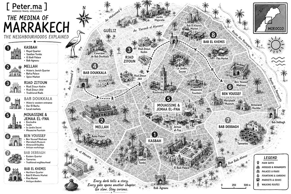 Illustration: Marrakech Medina Neighbourhood Map © Peter Manshoven | Peter.ma