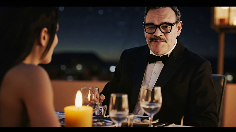 Man in smoking en vrouw dineren &#39;s avonds bij kaarslicht op een dak, met een sterrenhemel. Glazen en borden op tafel. Romantische sfeer.