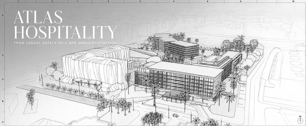Architectural rendering of Atlas Hospitality project 3 brand hotel complex with palm trees and city backdrop; title reads ATLAS HOSPITALITY.