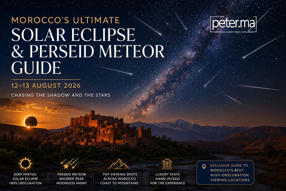 Cartel turístico de Marruecos que muestra un eclipse solar, la lluvia de meteoros de las Perseidas, una fortaleza iluminada, la Vía Láctea e información de guía de viaje para los días 12 y 13 de agosto de 2026.