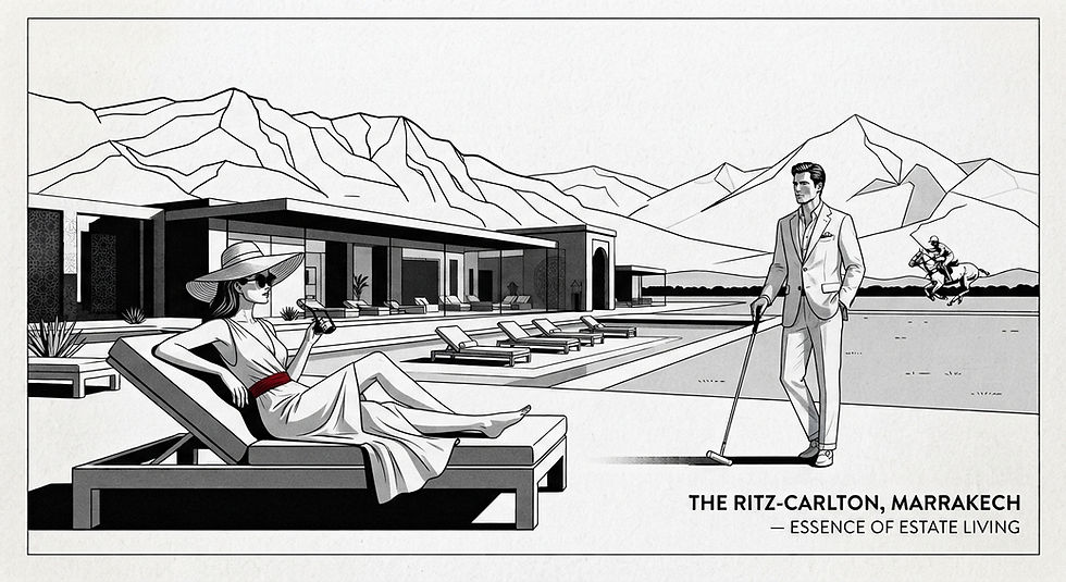 Luxury resort scene with a lounging woman and suited man by a pool, mountains behind; text reads The Ritz-Carlton, Marrakech.