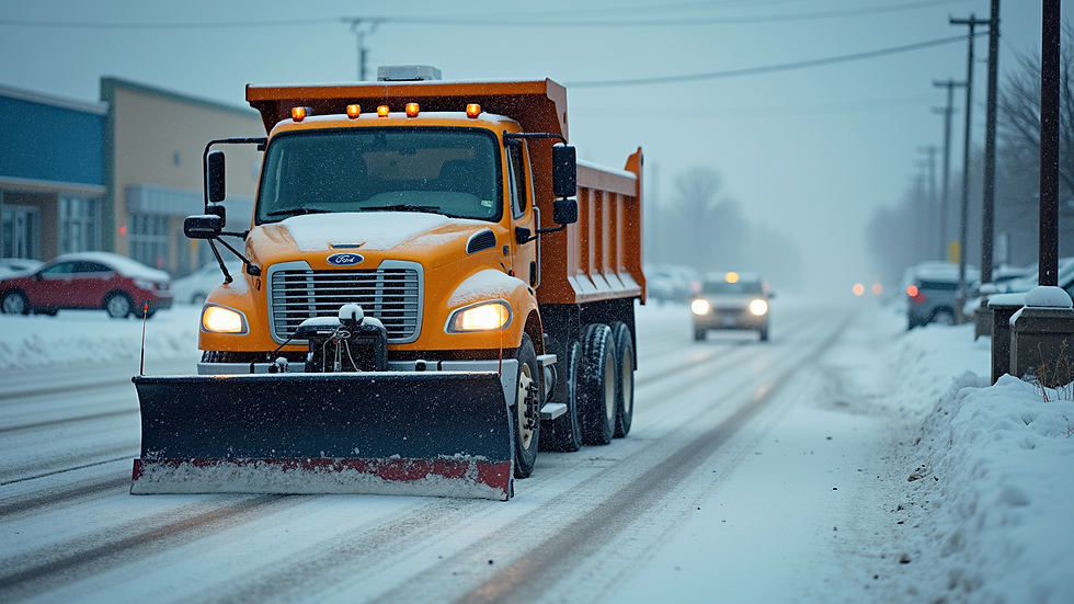 High angle view of a snow plow clearing a commercial parking lot