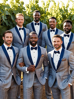 Groom with groomsmen wearing custom shawl lapel plaid tuxedos at a vineyard wedding , made