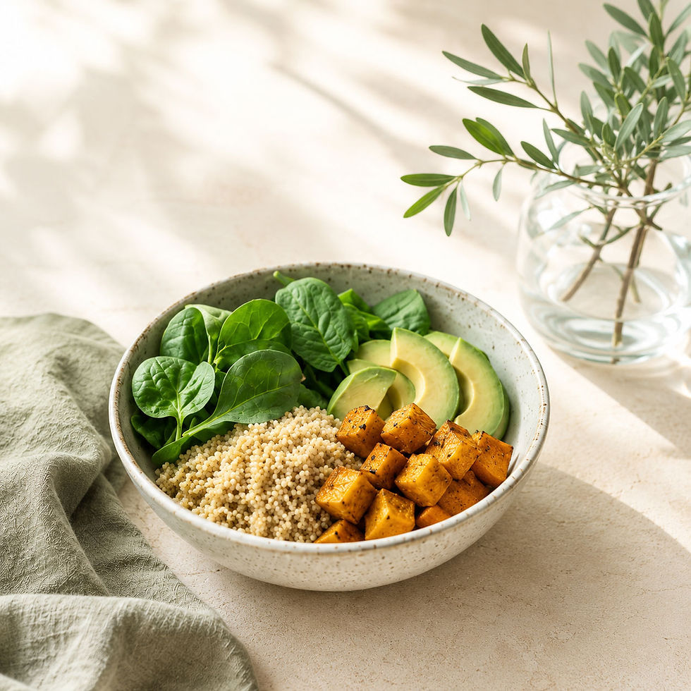 A healthy grain bowl with sweet potatoes, greens, and avocado, representing nutritional we