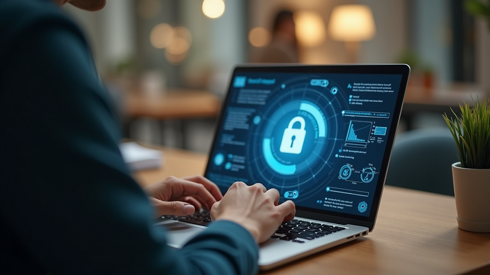 Close-up view of a person using a laptop with security features