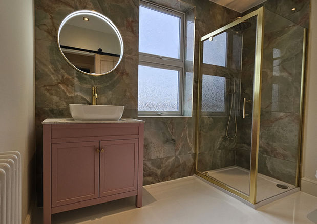 modern bathroom renovation in Evesham with walk-in shower and vanity unit