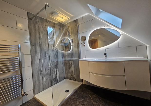 bathroom renovation in Tewkesbury with walk in shower and LED mirror