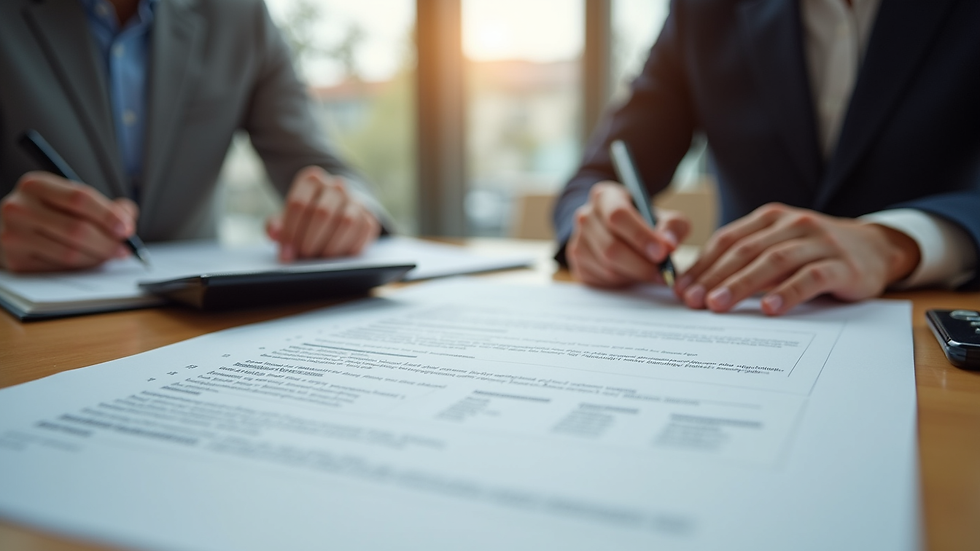 Plano detalle de un contrato legal con bolígrafo y calculadora sobre mesa de trabajo