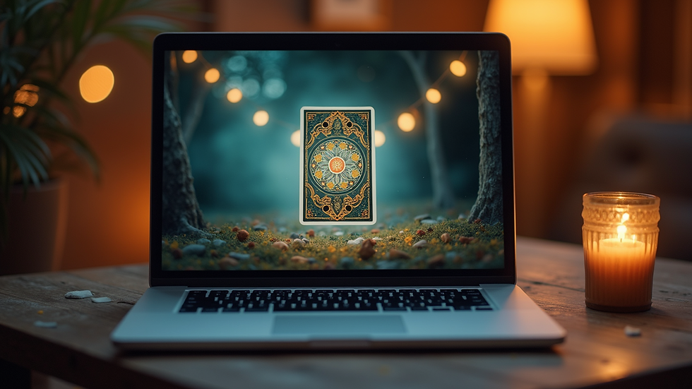 Eye-level view of a laptop displaying an online oracle card reading session