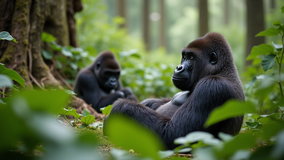 Wide angle view of mountain gorillas resting in Bwindi Impenetrable Forest