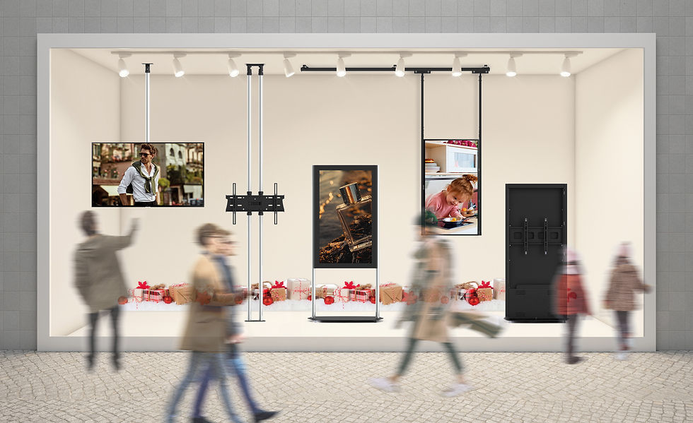 UNICOL AV Mounts - Lifestyle Image Shop Window Display, mounting solutions for retail signage