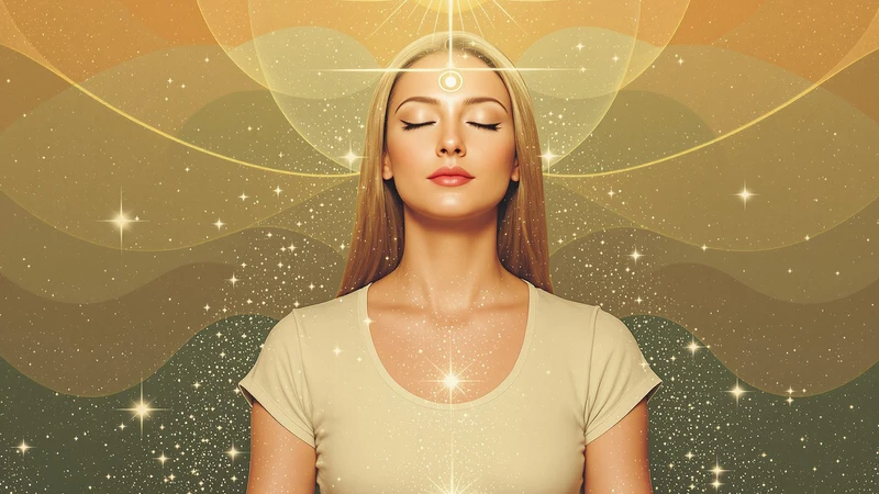 Meditating woman, closed eyes, glowing aura, Level 1 - AWAKEN, spiritual enlightenment, Higher Mind Reiki.