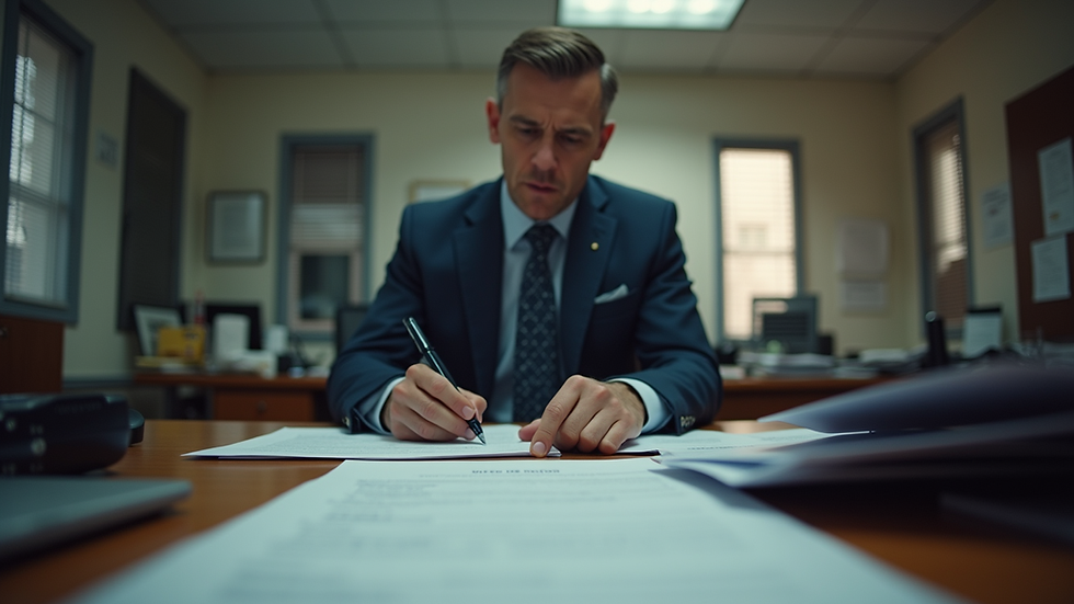 Eye-level view of a private investigator reviewing documents in an office
