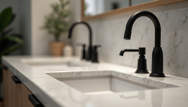 Close-up view of a bathroom vanity with marble countertop and matte black fixtures
