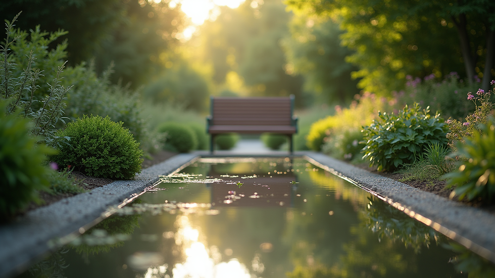 Eye-level view of a serene garden with a bench for reflection