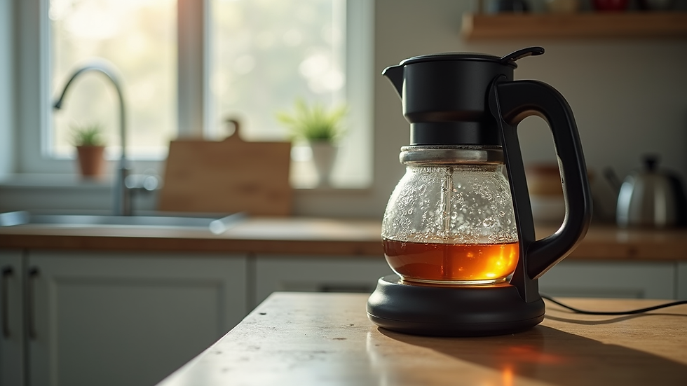 Close-up view of a broken electric tea maker on a kitchen counter