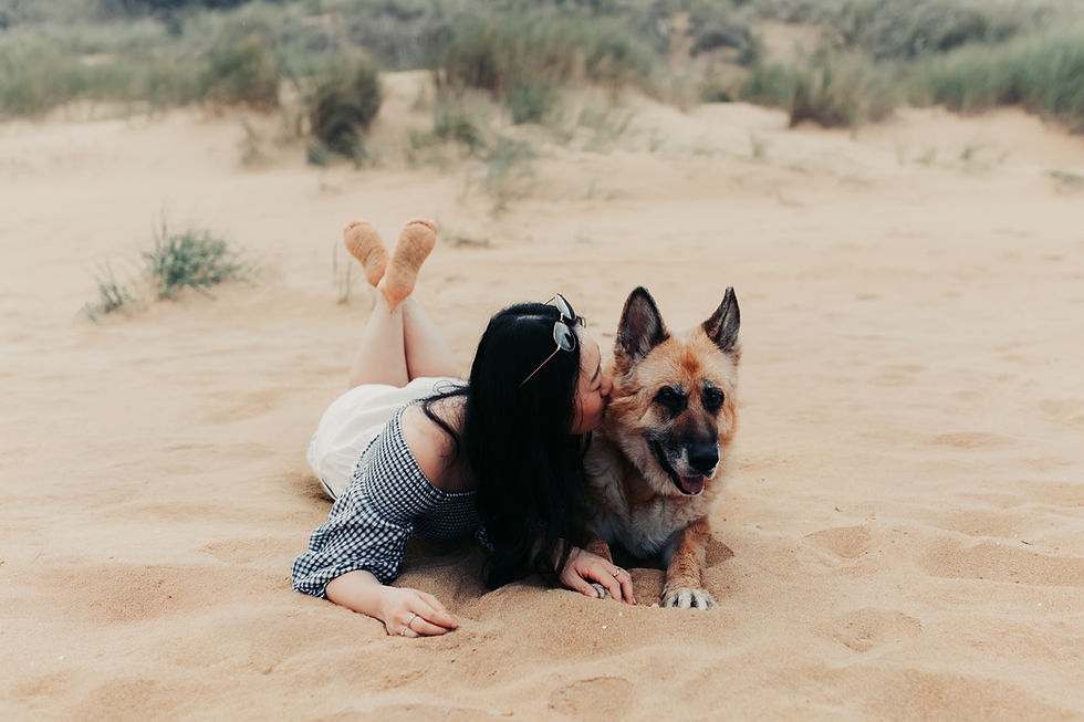 Woman in a checkered top kisses a German Shepherd on a sandy beach. Sunglasses rest on her head, creating a serene mood.